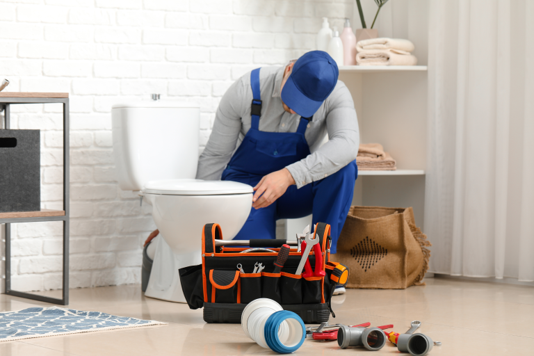 man repairing toilet